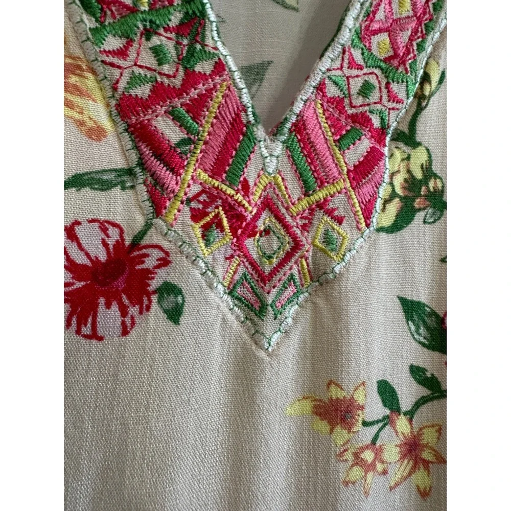 Belle Kim Gravel Pink Floral Embroidered V Neck Tunic Top 2X Coastal Travel - Picture 5 of 10